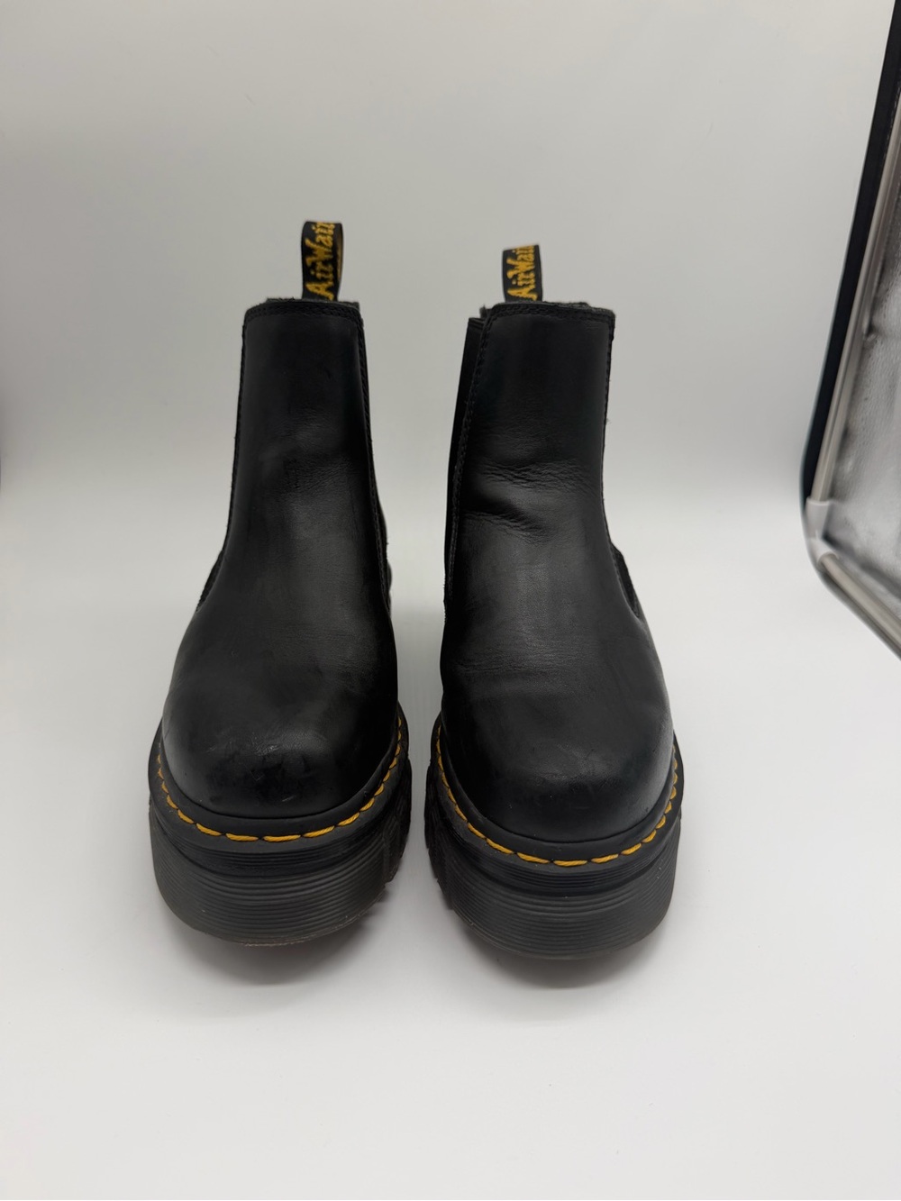 Dr. Martens Black Leather Platform Chelsea Boots with Yellow Stitch Sz 7 US